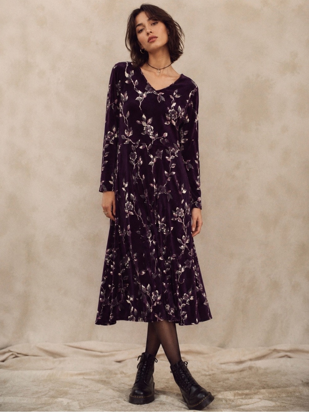 Vintage 90’s Grunge L.L. Bean Purple Velvet Floral Midi Dress Y2K Fairy